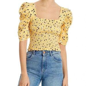 Amanda Uprichard Women's Yellow Monaco Smocked Floral Print Top, Size XS